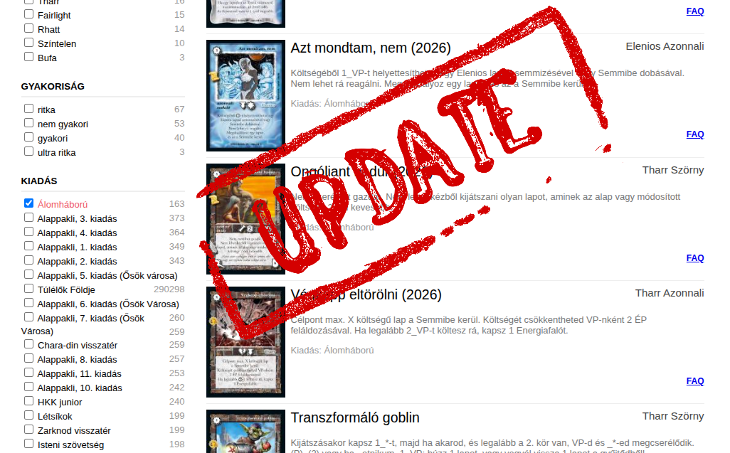 Frissítések az új kiegészítővel